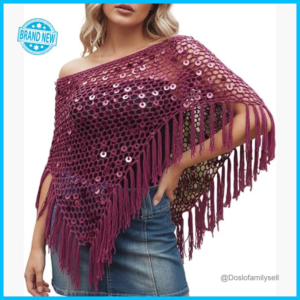 Sheer Tassel Poncho Top Y2k Batwing Sleeve Knit Shrug Shawl Beach Cover Up